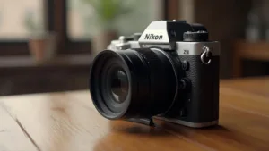 Appareil photo reflex numérique Nikon Z50 posé sur une table en bois.