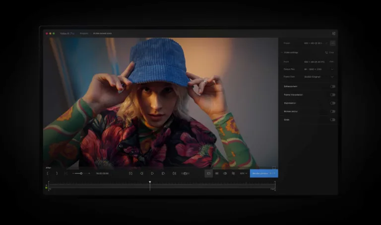 Capture de linterface du logiel Video AI Pro Topaz Labs: Retouche Vidéo IA Lissage et Stabilisation Qualité Cinéma