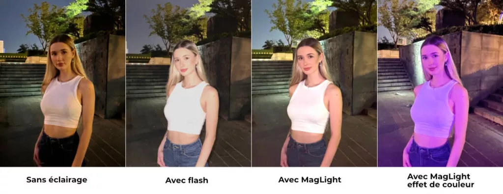 Exemples de photos avec et sans éclairage MagLight sur smartphone